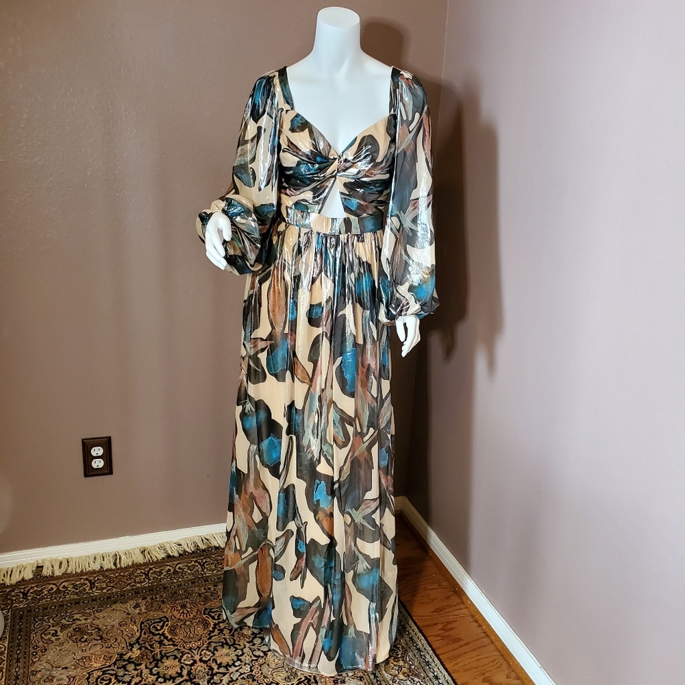 bebe Abstract Print Maxi Dress in Teal, Beige & Brown